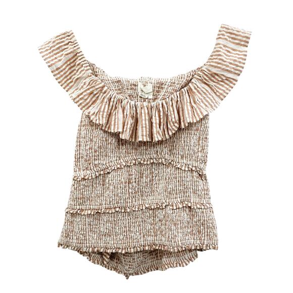 Anthropologie smocked tan pink striped ruffle tank - Picture 2 of 5